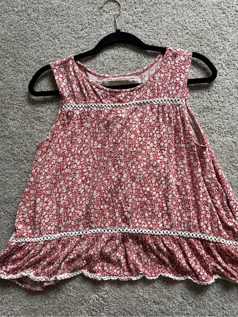 Maeve Red Floral Sleeveless Tank with White Crochet Trim